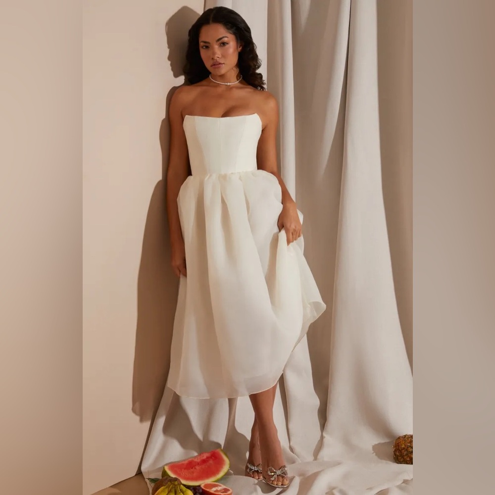 Oh Polly Strapless Ivory Midi Dress